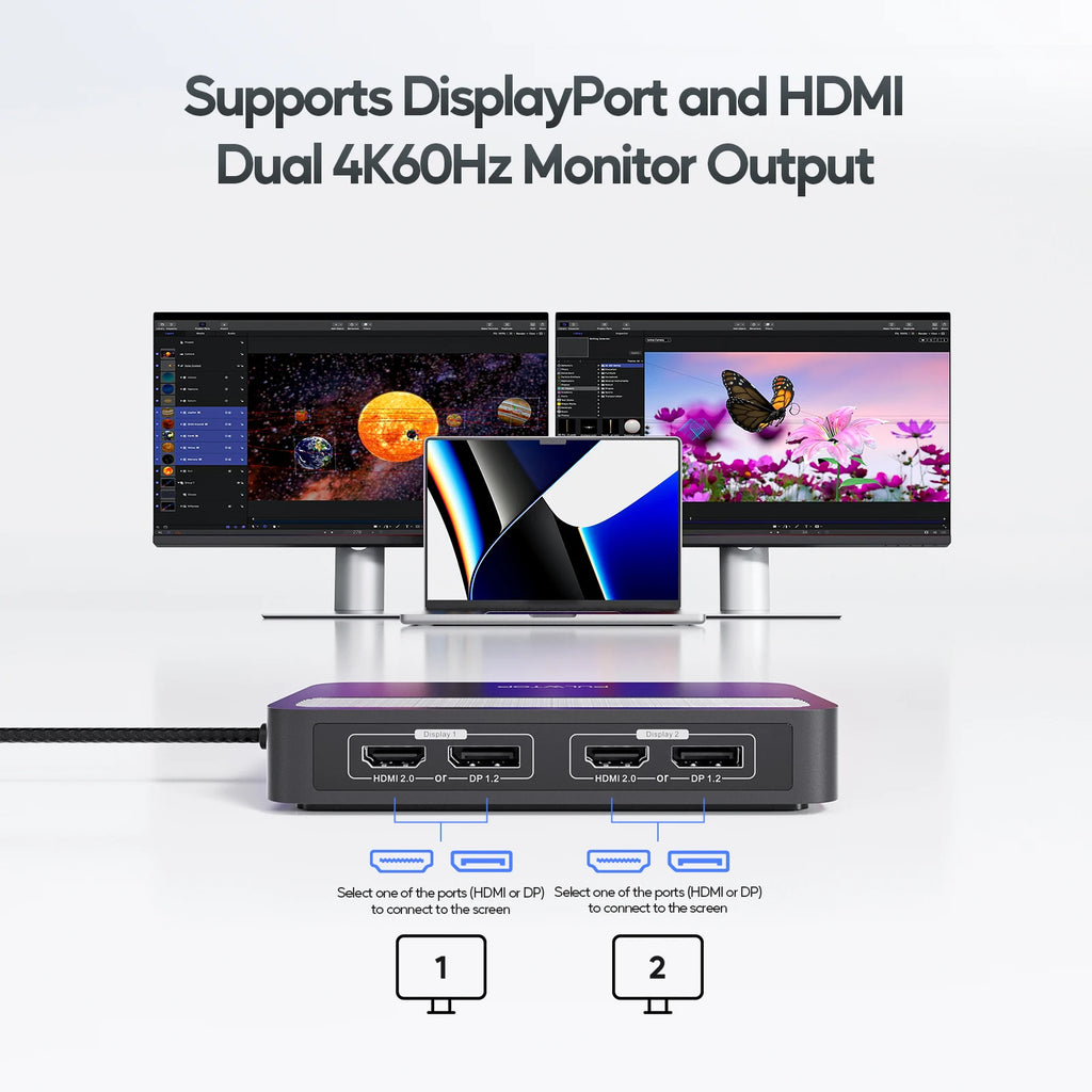 PULWTOP USB C Docking Station Dual 4K60Hz Display for MacBook M1/M2/M3/M4/Windows DisplayPort or HDMI, 2 USB-A 2.0, Ethernet