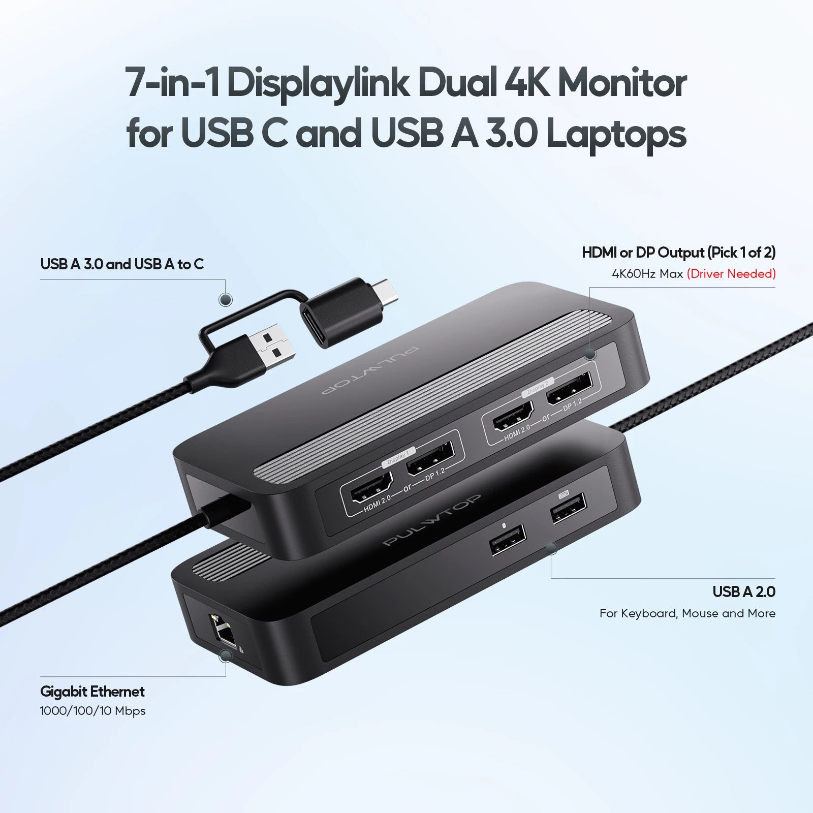 PULWTOP USB C Docking Station Dual 4K60Hz Display for MacBook M1/M2/M3/M4/Windows DisplayPort or HDMI, 2 USB-A 2.0, Ethernet