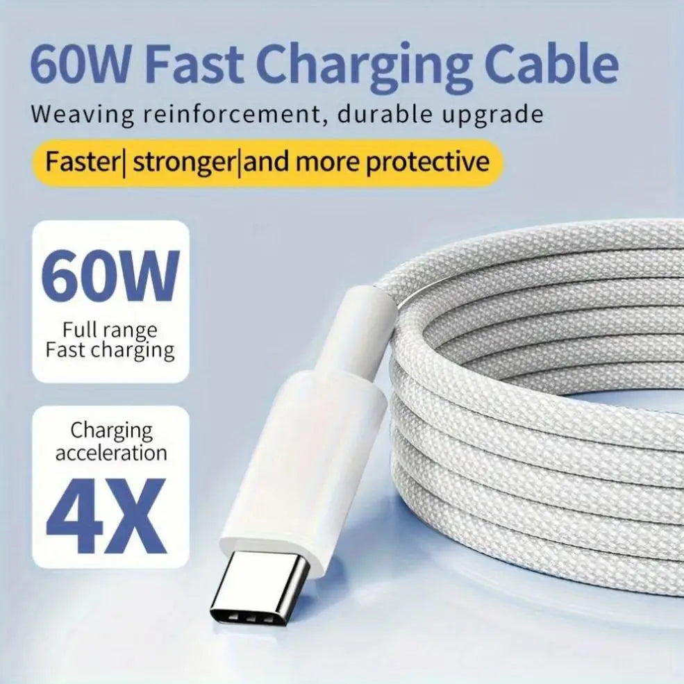 PD 60W Macaron Color Braided USB C to Type C Fast Charging Data Transfer Cable for iPhone 15 Android Phone Laptop Tablet 1M 2M