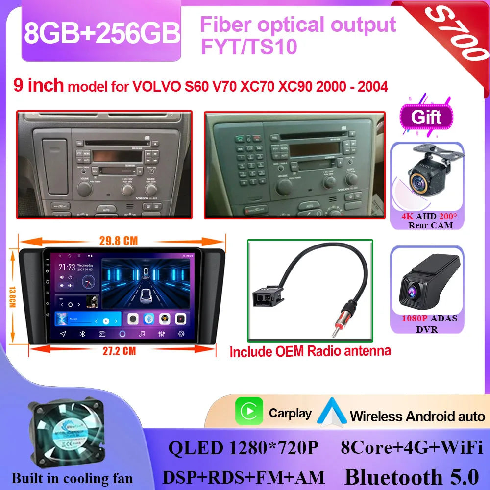 Autoradio Carplay, lecteur vidéo multimédia, WIFI + 4G DSP stéréo, pour Volvo XC70 V70 S60 2004 2005 2006 2007 2008 2009