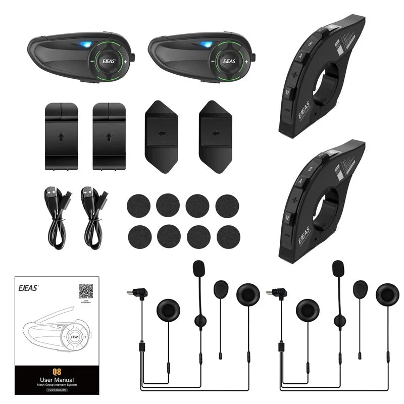 EJEAS Q8 Interphone en maille pour moto avec talkie-walkie à distance EUC Interphone Bluetooth casque pour 6 coureurs avec Bluetooth 5.1