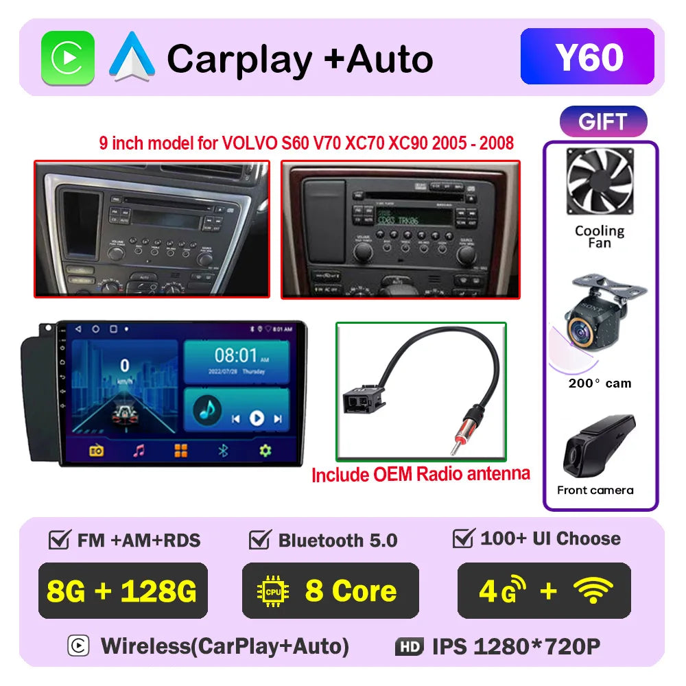 Autoradio CarPlay pour Volvo XC70 V70 S60 2000-2009, lecteur multimédia Android Auto, autoradio stéréo 8 cœurs, DSP, 5G WIFI, écran DVD