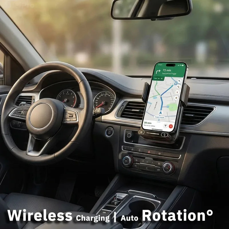 Support de téléphone pour voiture avec chargeur sans fil 15W et chargeur filaire, détection automatique, libération et rotation à une touche, certifié Qi FCC ROHS