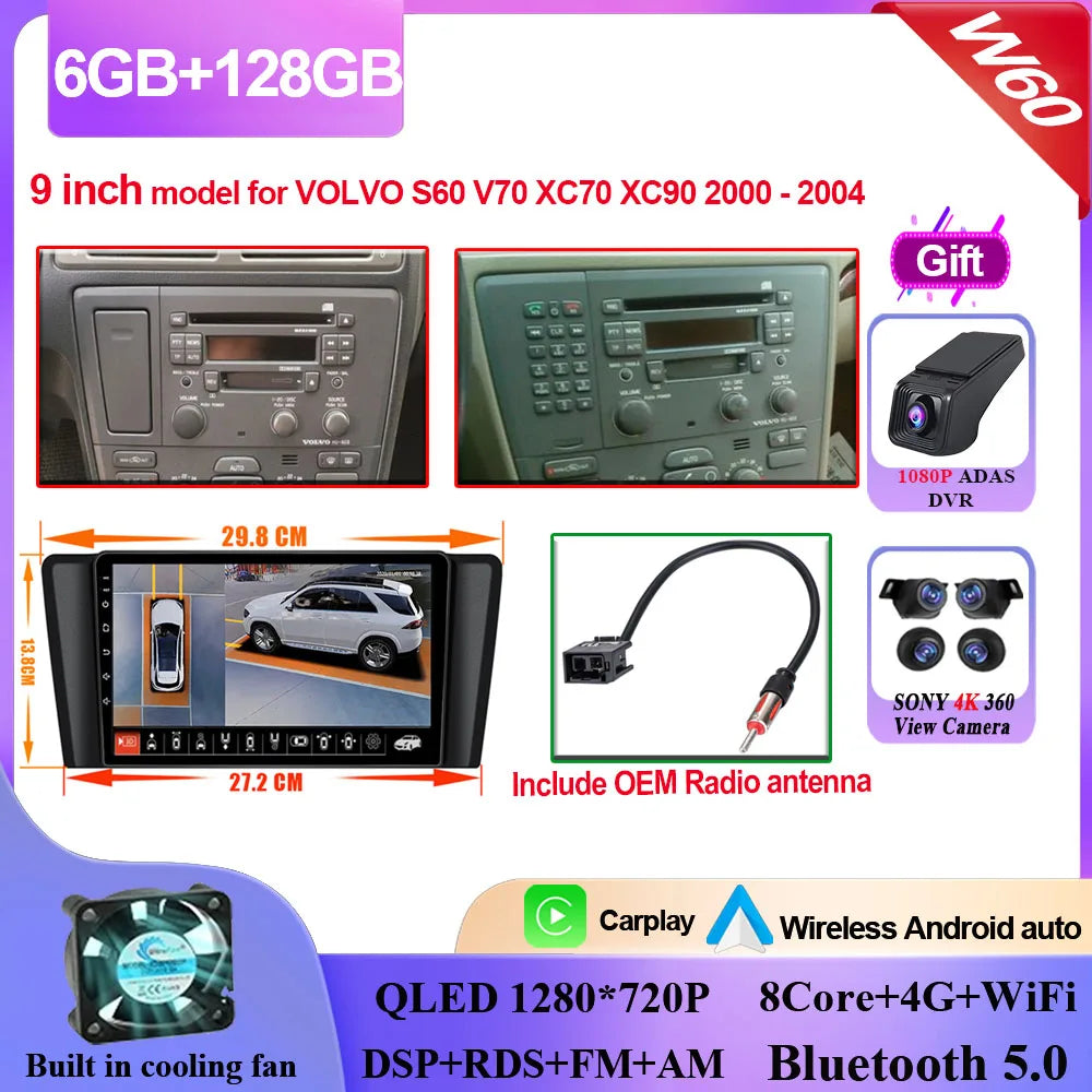 Autoradio Carplay, lecteur vidéo multimédia, WIFI + 4G DSP stéréo, pour Volvo XC70 V70 S60 2004 2005 2006 2007 2008 2009
