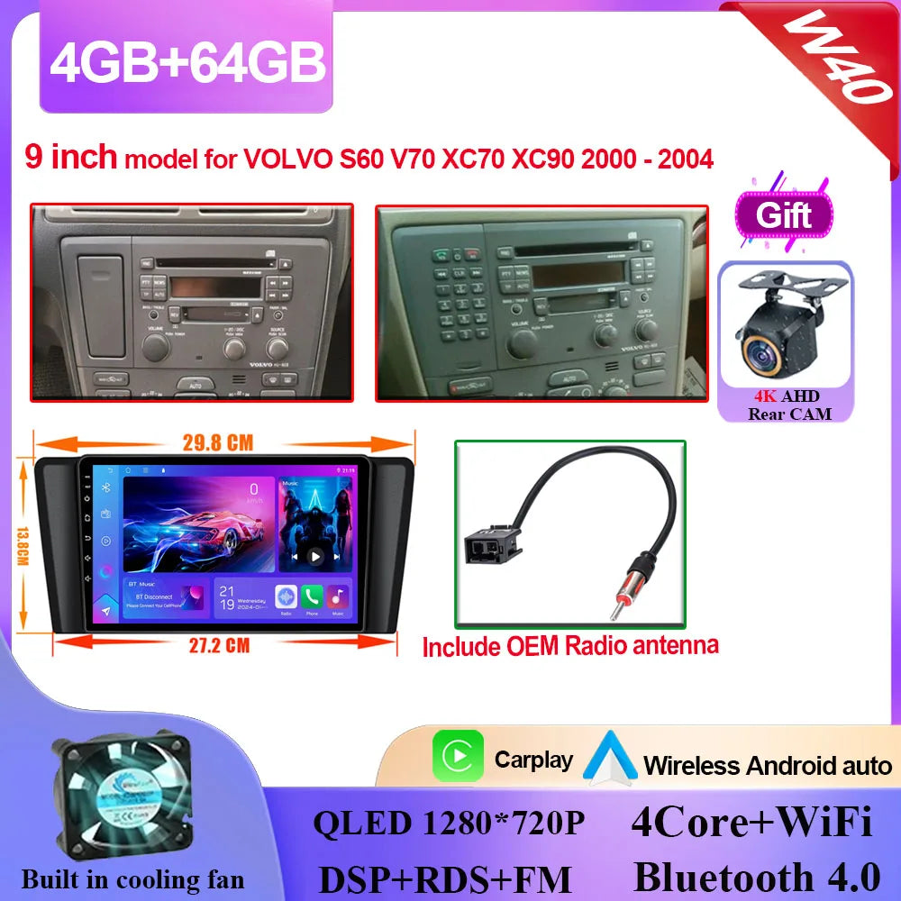 Autoradio Carplay, lecteur vidéo multimédia, WIFI + 4G DSP stéréo, pour Volvo XC70 V70 S60 2004 2005 2006 2007 2008 2009