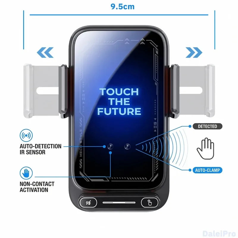 Support de téléphone pour voiture avec chargeur sans fil 15W et chargeur filaire, détection automatique, libération et rotation à une touche, certifié Qi FCC ROHS