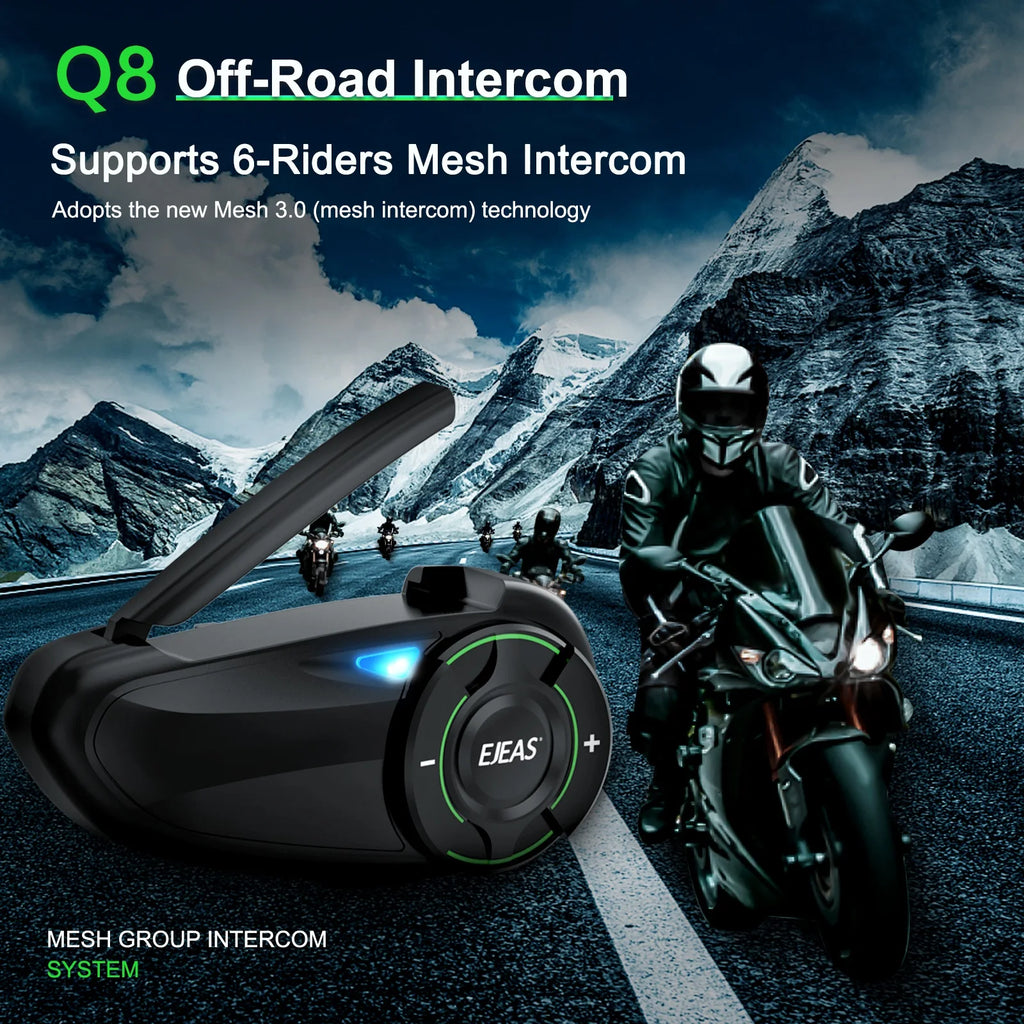 EJEAS Q8 Interphone en maille pour moto avec talkie-walkie à distance EUC Interphone Bluetooth casque pour 6 coureurs avec Bluetooth 5.1