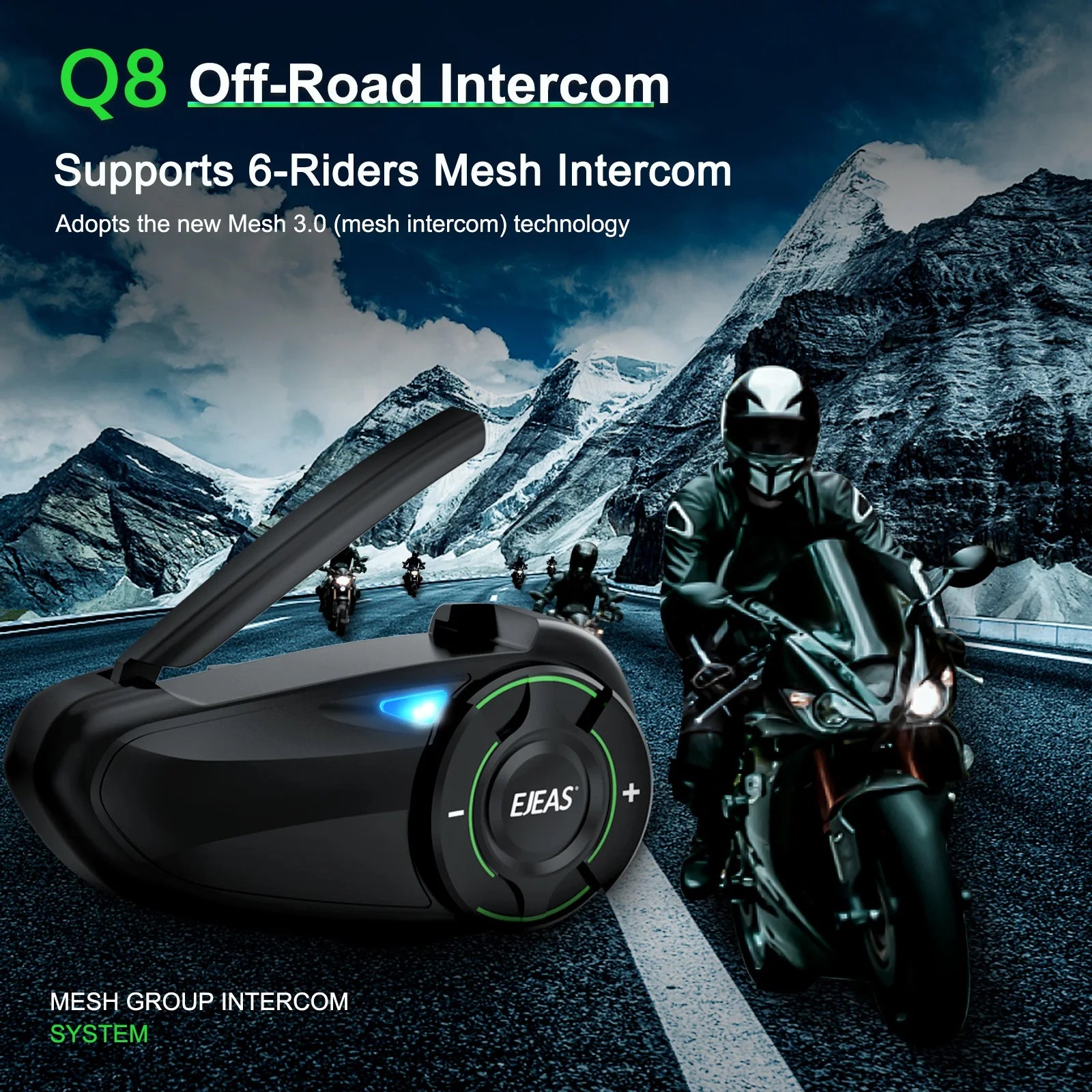 EJEAS Q8 Interphone en maille pour moto avec talkie-walkie à distance EUC Interphone Bluetooth casque pour 6 coureurs avec Bluetooth 5.1