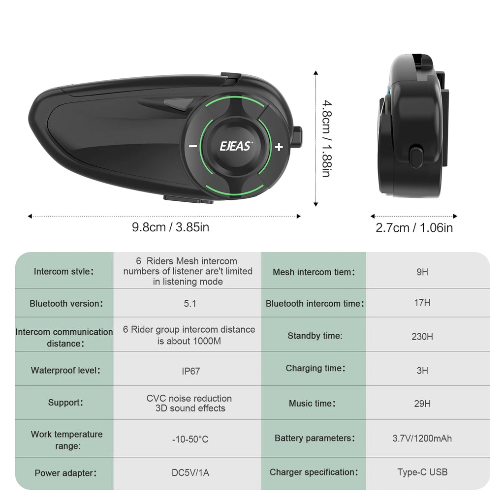 EJEAS Q8 Interphone en maille pour moto avec talkie-walkie à distance EUC Interphone Bluetooth casque pour 6 coureurs avec Bluetooth 5.1