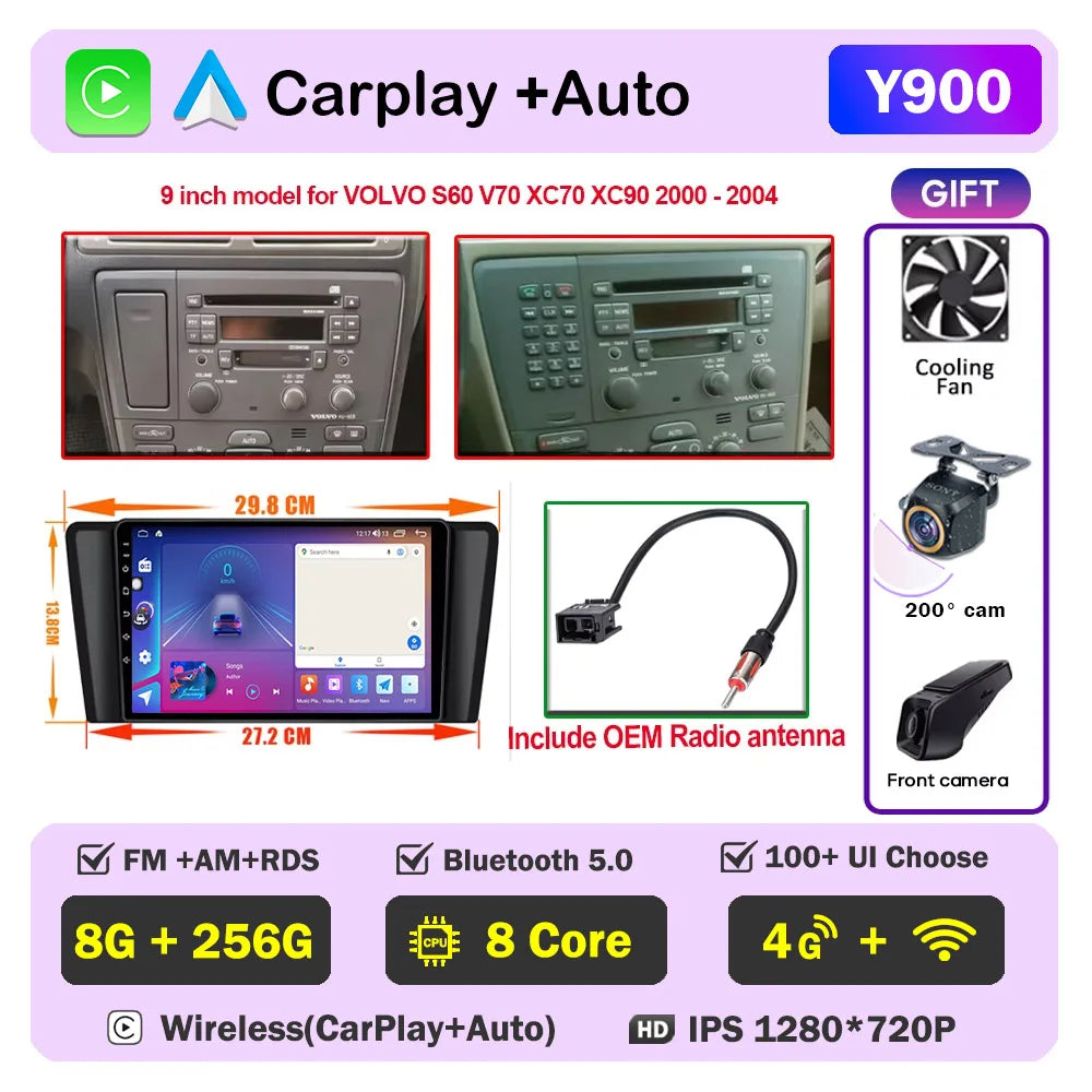 Autoradio CarPlay pour Volvo XC70 V70 S60 2000-2009, lecteur multimédia Android Auto, autoradio stéréo 8 cœurs, DSP, 5G WIFI, écran DVD
