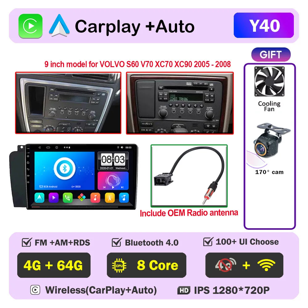 Autoradio CarPlay pour Volvo XC70 V70 S60 2000-2009, lecteur multimédia Android Auto, autoradio stéréo 8 cœurs, DSP, 5G WIFI, écran DVD