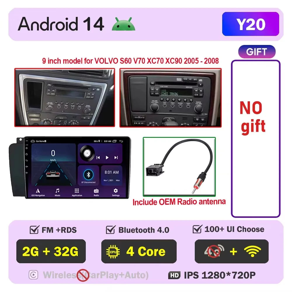 Autoradio CarPlay pour Volvo XC70 V70 S60 2000-2009, lecteur multimédia Android Auto, autoradio stéréo 8 cœurs, DSP, 5G WIFI, écran DVD