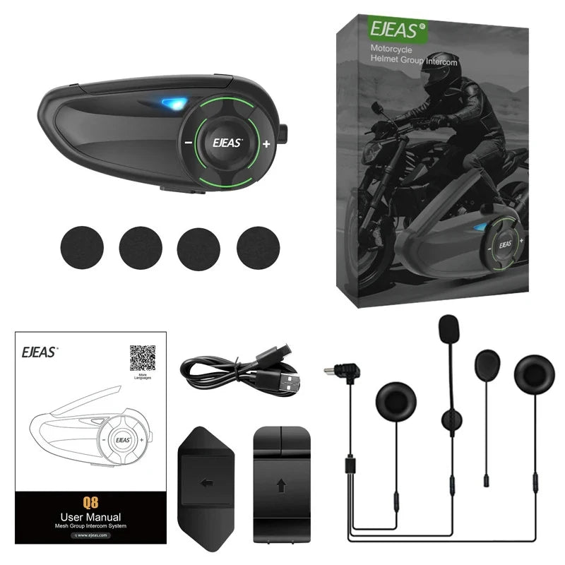 EJEAS Q8 Interphone en maille pour moto avec talkie-walkie à distance EUC Interphone Bluetooth casque pour 6 coureurs avec Bluetooth 5.1