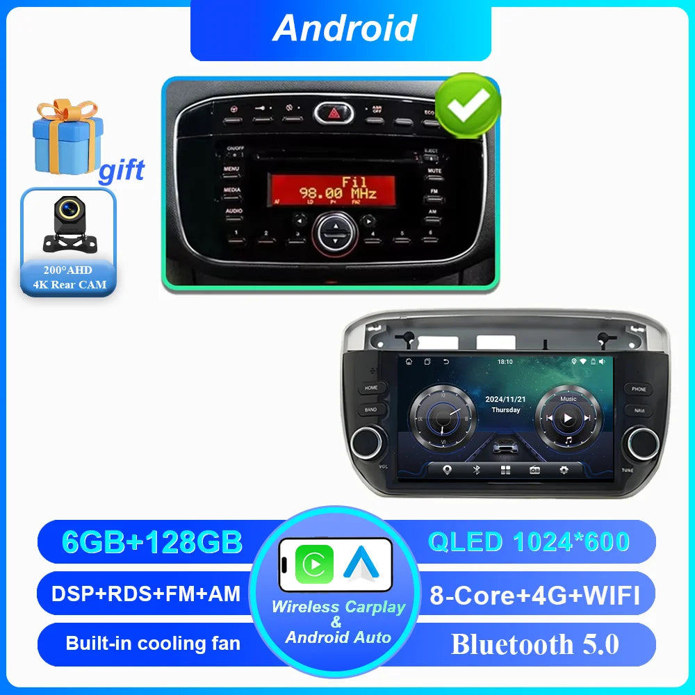 7 ''Android 15 Autoradio pour Fiat Linea Punto evo 2012-2015 GPS WIFI Carplay Auto 4G Radio stéréo lecteur multimédia Bluetooth