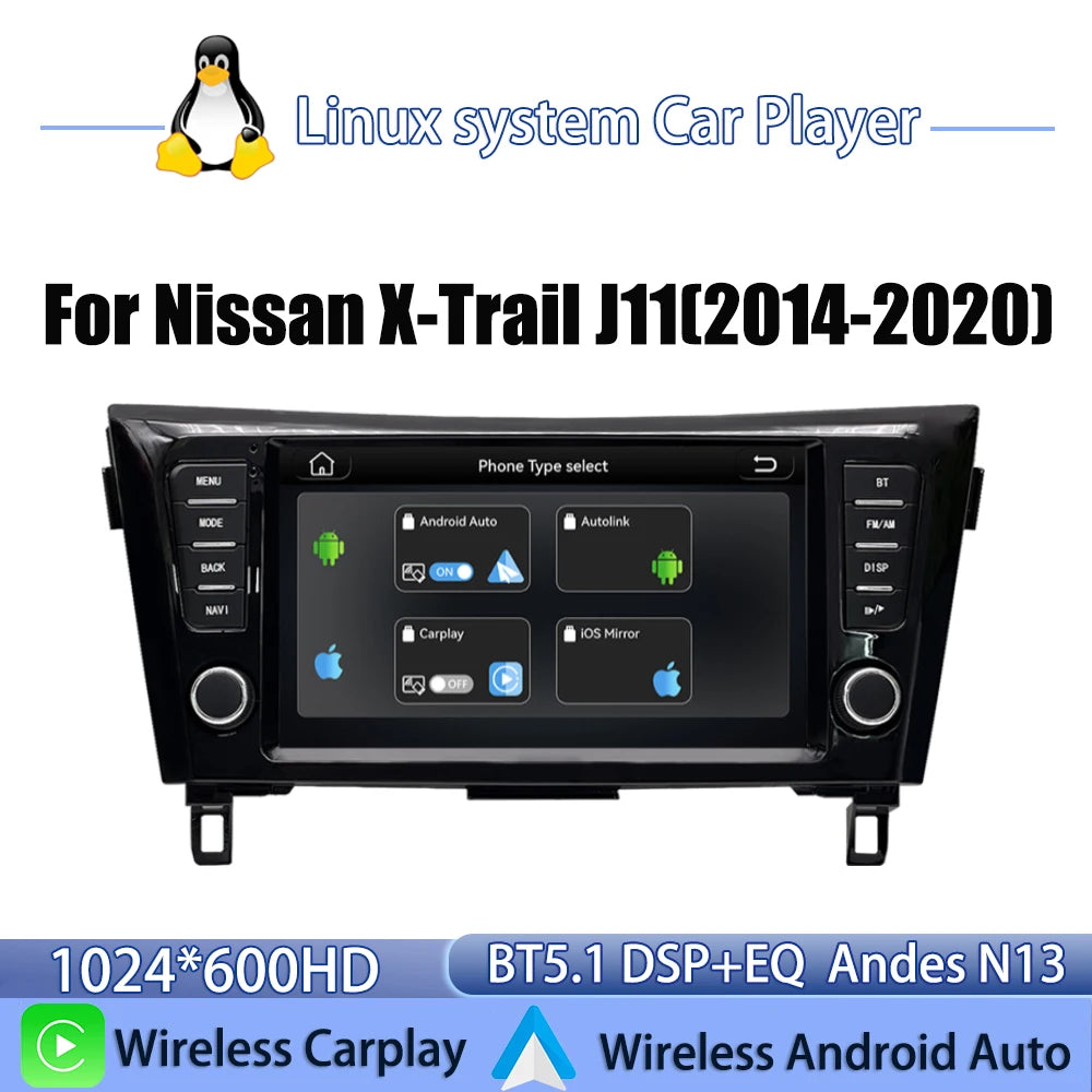 Pour Nissan X-Trail J11 Qashqai 2014 - 2020 Navi 2026 Nouveau système Linux Sans fil CarPlay FM Musique Vidéo Lecteurs multimédias Caméras