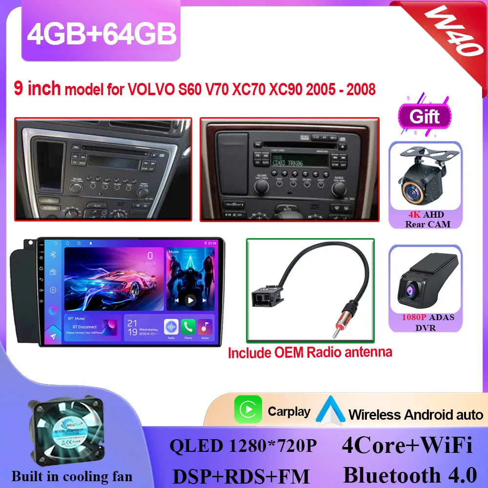 Autoradio Carplay, lecteur vidéo multimédia, WIFI + 4G DSP stéréo, pour Volvo XC70 V70 S60 2004 2005 2006 2007 2008 2009