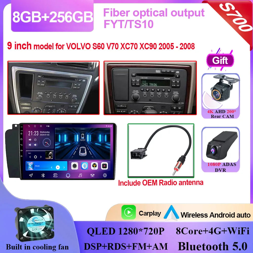 Autoradio Carplay, lecteur vidéo multimédia, WIFI + 4G DSP stéréo, pour Volvo XC70 V70 S60 2004 2005 2006 2007 2008 2009
