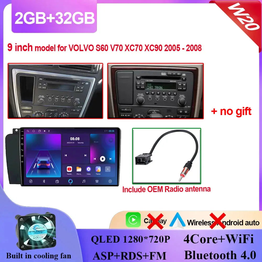 Autoradio Carplay, lecteur vidéo multimédia, WIFI + 4G DSP stéréo, pour Volvo XC70 V70 S60 2004 2005 2006 2007 2008 2009