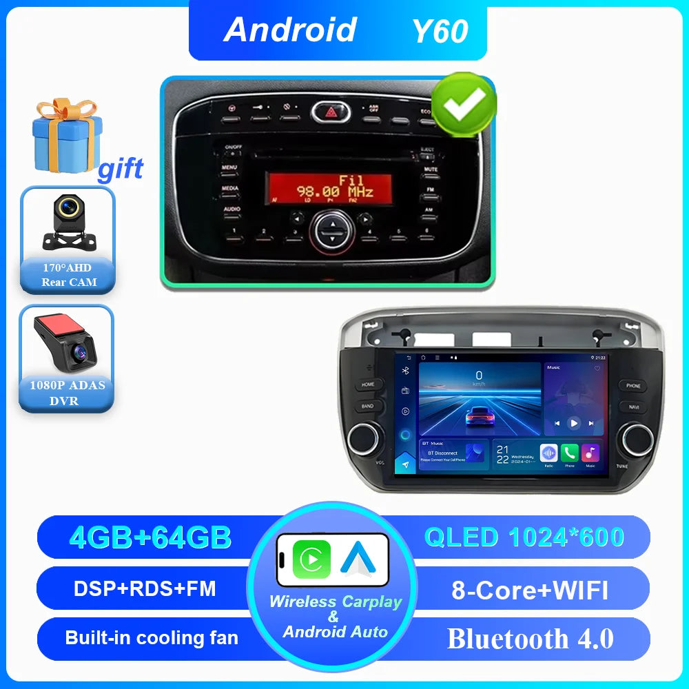 7 ''Android 15 Autoradio pour Fiat Linea Punto evo 2012-2015 GPS WIFI Carplay Auto 4G Radio stéréo lecteur multimédia Bluetooth