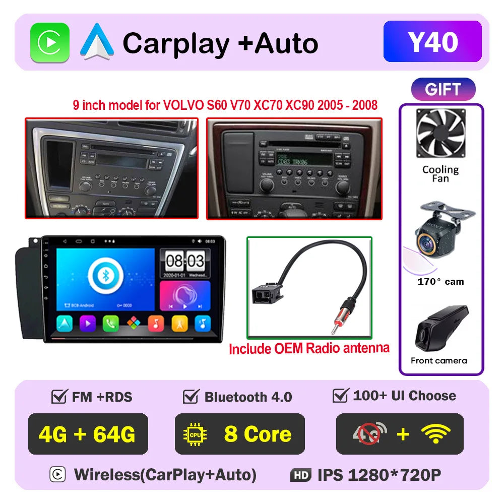 Autoradio CarPlay pour Volvo XC70 V70 S60 2000-2009, lecteur multimédia Android Auto, autoradio stéréo 8 cœurs, DSP, 5G WIFI, écran DVD