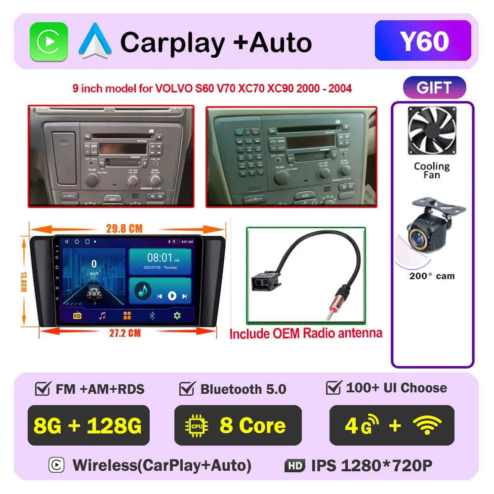 Autoradio CarPlay pour Volvo XC70 V70 S60 2000-2009, lecteur multimédia Android Auto, autoradio stéréo 8 cœurs, DSP, 5G WIFI, écran DVD