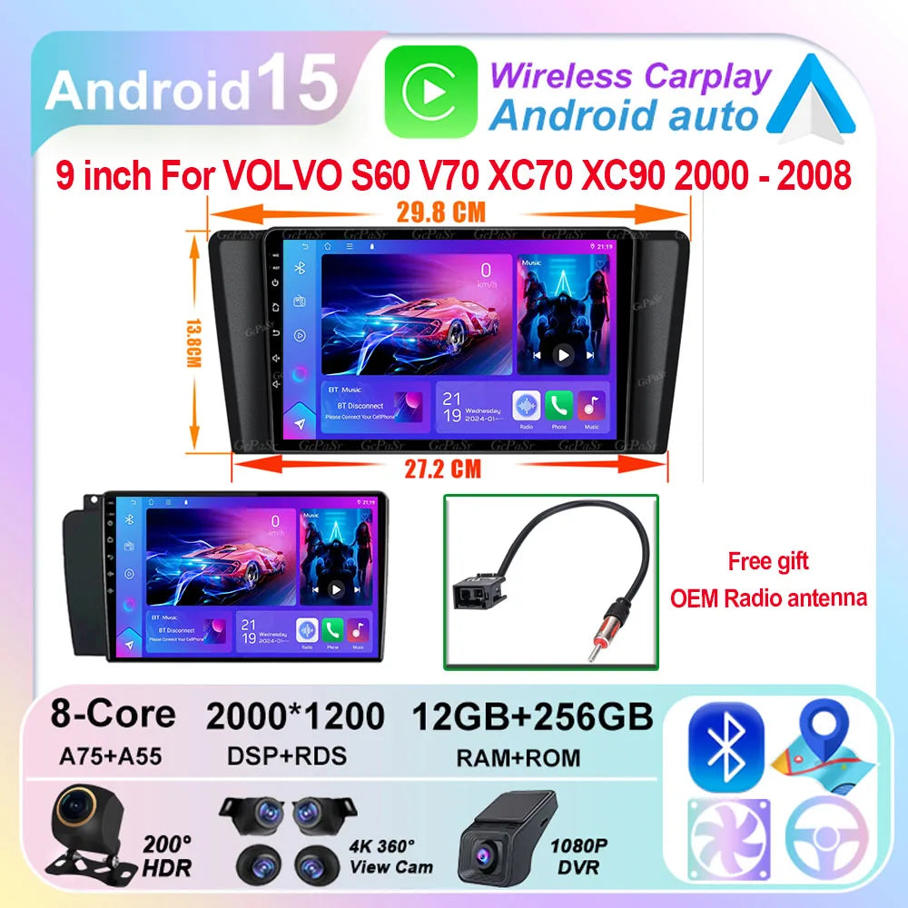 Autoradio Carplay, lecteur vidéo multimédia, WIFI + 4G DSP stéréo, pour Volvo XC70 V70 S60 2004 2005 2006 2007 2008 2009