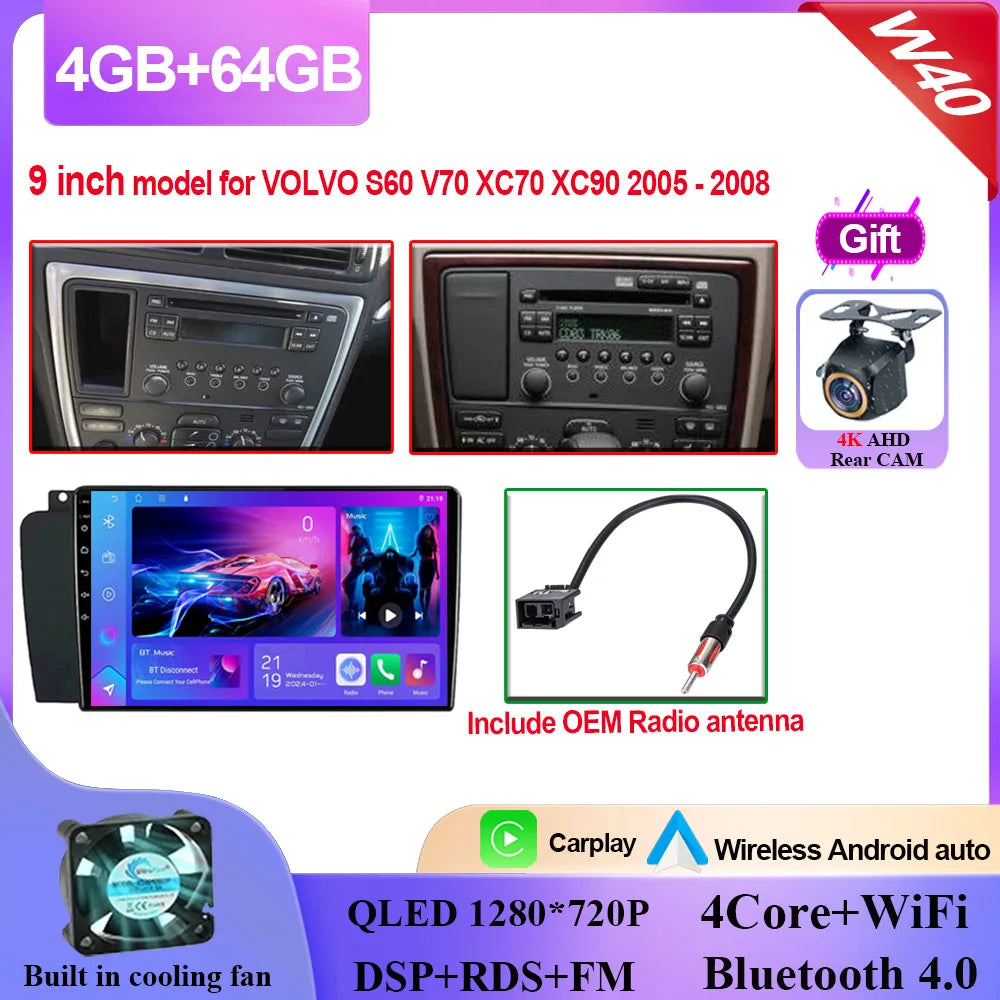 Autoradio Carplay, lecteur vidéo multimédia, WIFI + 4G DSP stéréo, pour Volvo XC70 V70 S60 2004 2005 2006 2007 2008 2009