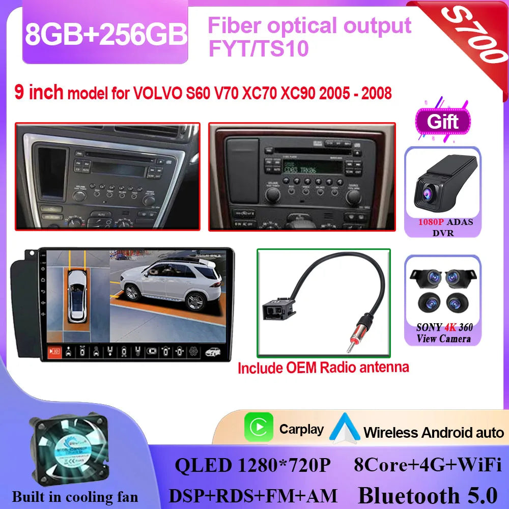 Autoradio Carplay, lecteur vidéo multimédia, WIFI + 4G DSP stéréo, pour Volvo XC70 V70 S60 2004 2005 2006 2007 2008 2009
