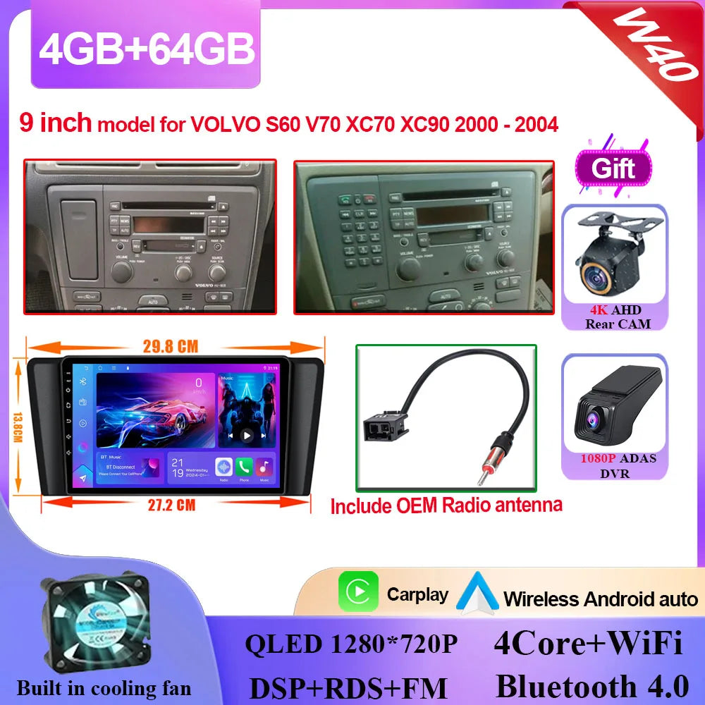 Autoradio Carplay, lecteur vidéo multimédia, WIFI + 4G DSP stéréo, pour Volvo XC70 V70 S60 2004 2005 2006 2007 2008 2009