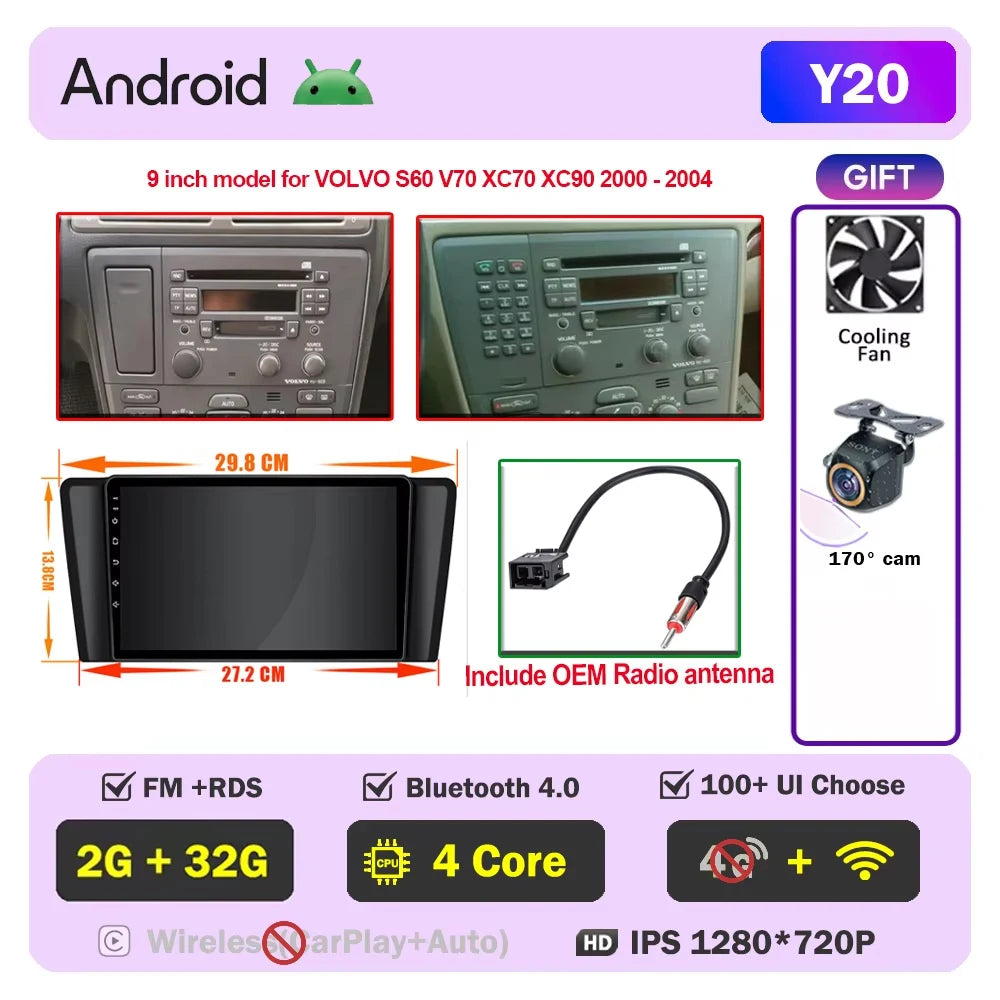 Autoradio CarPlay pour Volvo XC70 V70 S60 2000-2009, lecteur multimédia Android Auto, autoradio stéréo 8 cœurs, DSP, 5G WIFI, écran DVD