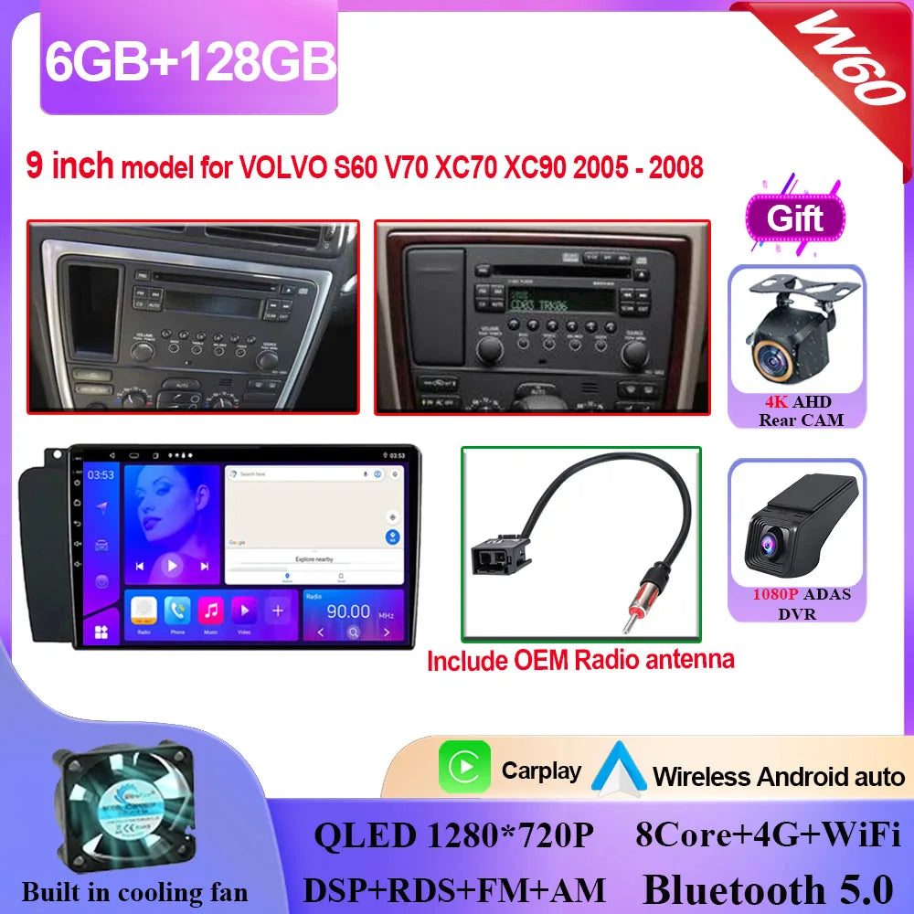 Autoradio Carplay, lecteur vidéo multimédia, WIFI + 4G DSP stéréo, pour Volvo XC70 V70 S60 2004 2005 2006 2007 2008 2009