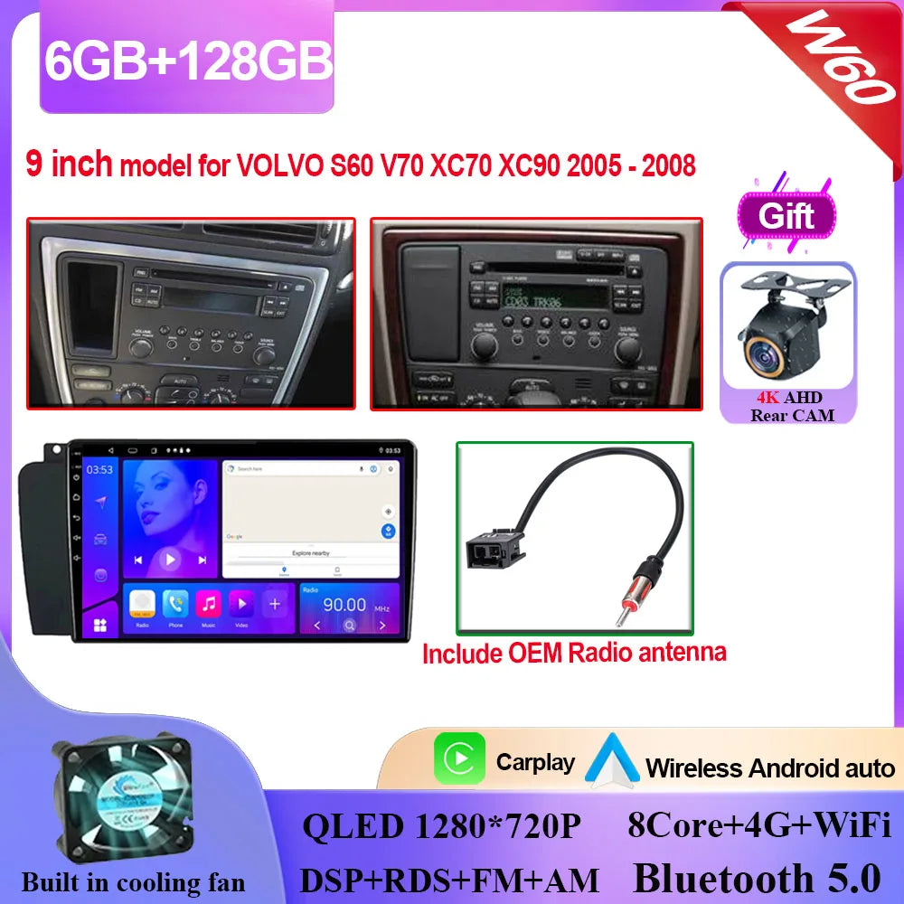 Autoradio Carplay, lecteur vidéo multimédia, WIFI + 4G DSP stéréo, pour Volvo XC70 V70 S60 2004 2005 2006 2007 2008 2009