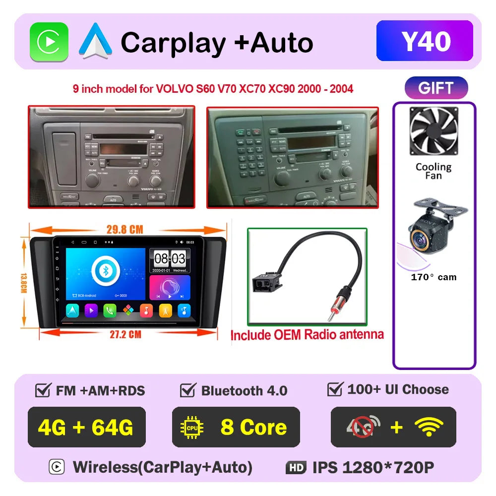 Autoradio CarPlay pour Volvo XC70 V70 S60 2000-2009, lecteur multimédia Android Auto, autoradio stéréo 8 cœurs, DSP, 5G WIFI, écran DVD