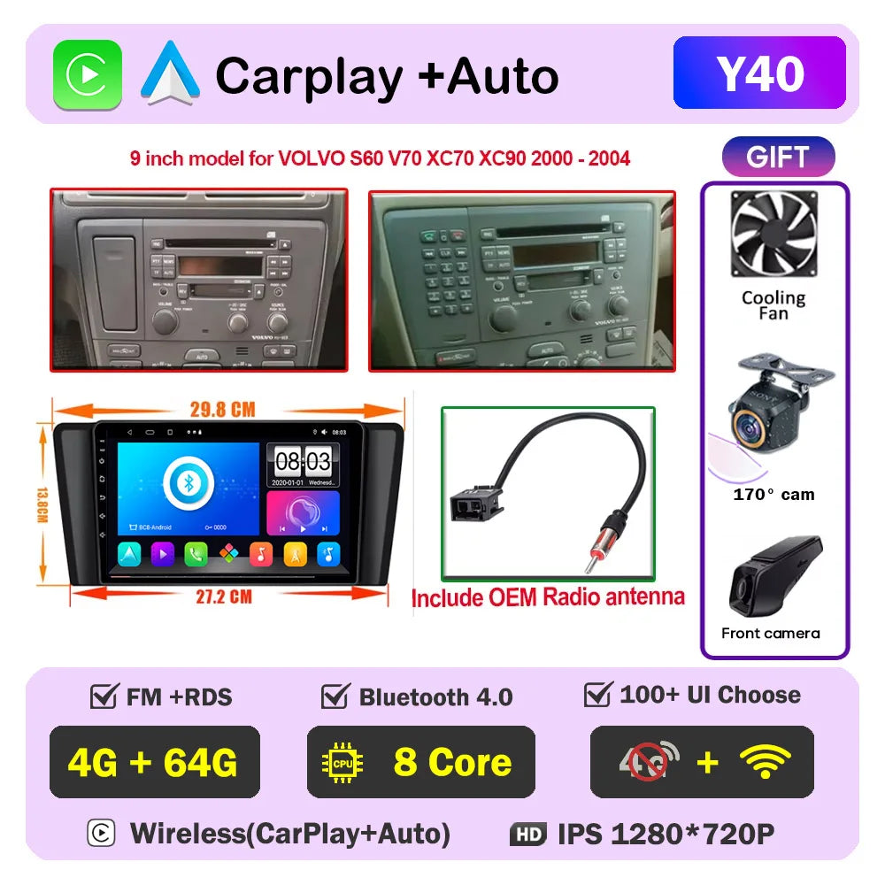 Autoradio CarPlay pour Volvo XC70 V70 S60 2000-2009, lecteur multimédia Android Auto, autoradio stéréo 8 cœurs, DSP, 5G WIFI, écran DVD