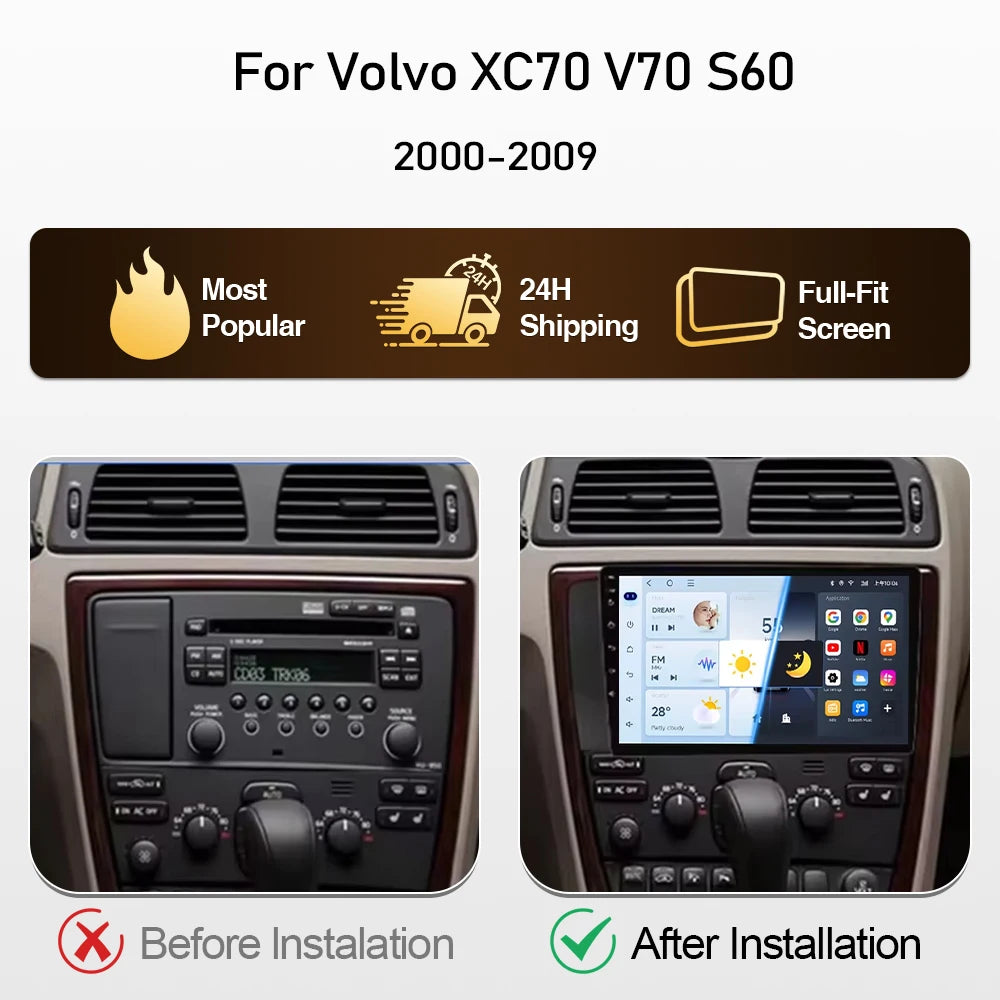 Autoradio CarPlay pour Volvo XC70 V70 S60 2000-2009, lecteur multimédia Android Auto, autoradio stéréo 8 cœurs, DSP, 5G WIFI, écran DVD