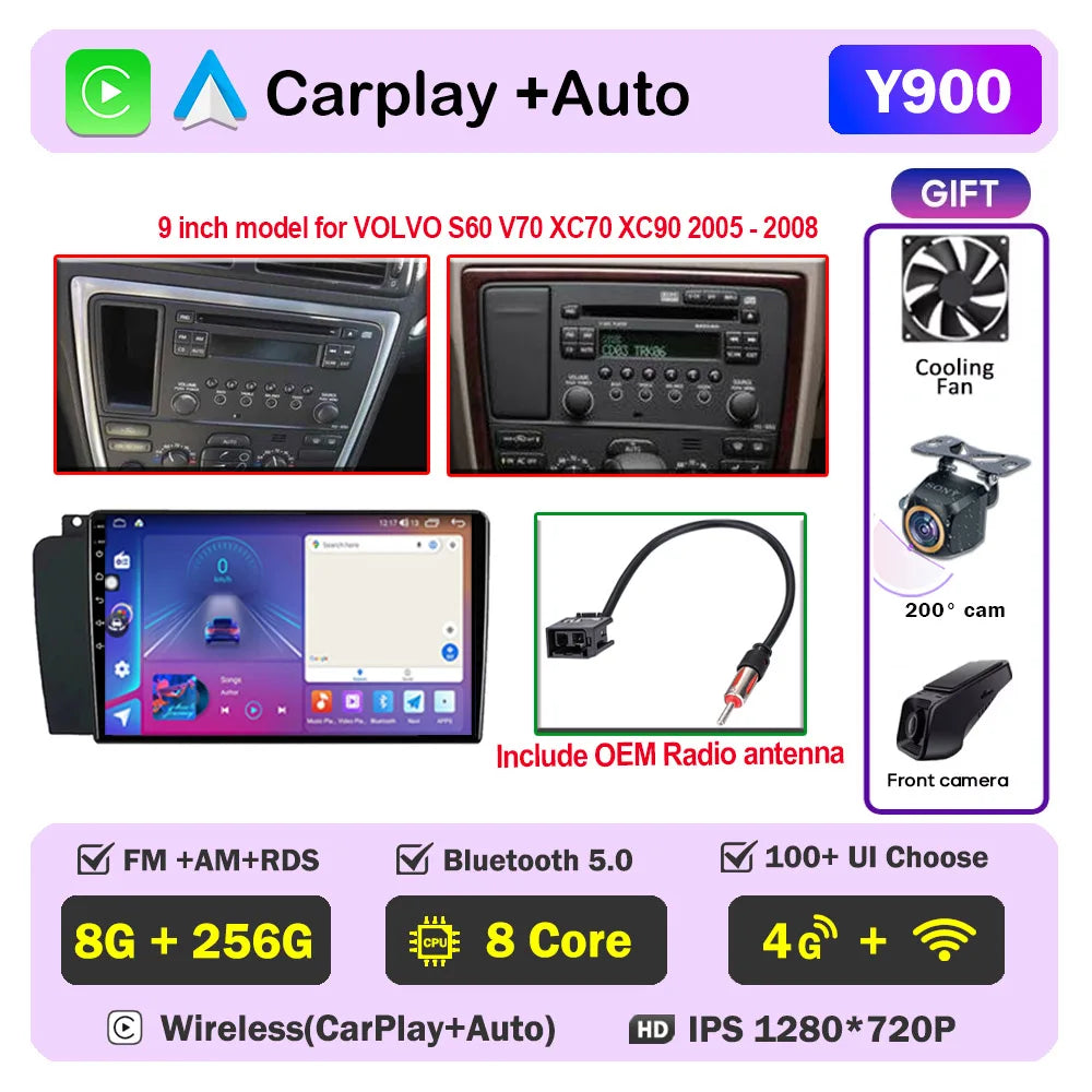 Autoradio CarPlay pour Volvo XC70 V70 S60 2000-2009, lecteur multimédia Android Auto, autoradio stéréo 8 cœurs, DSP, 5G WIFI, écran DVD
