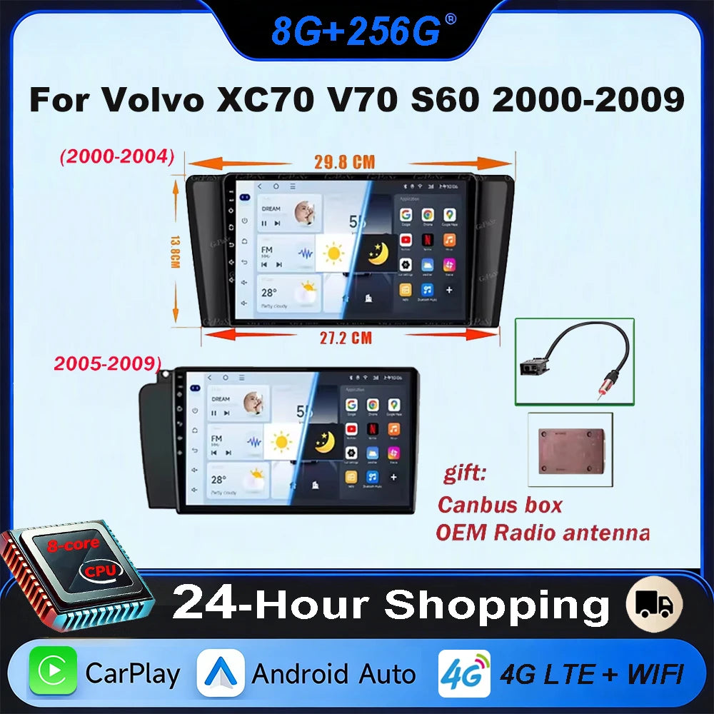 Autoradio CarPlay pour Volvo XC70 V70 S60 2000-2009, lecteur multimédia Android Auto, autoradio stéréo 8 cœurs, DSP, 5G WIFI, écran DVD
