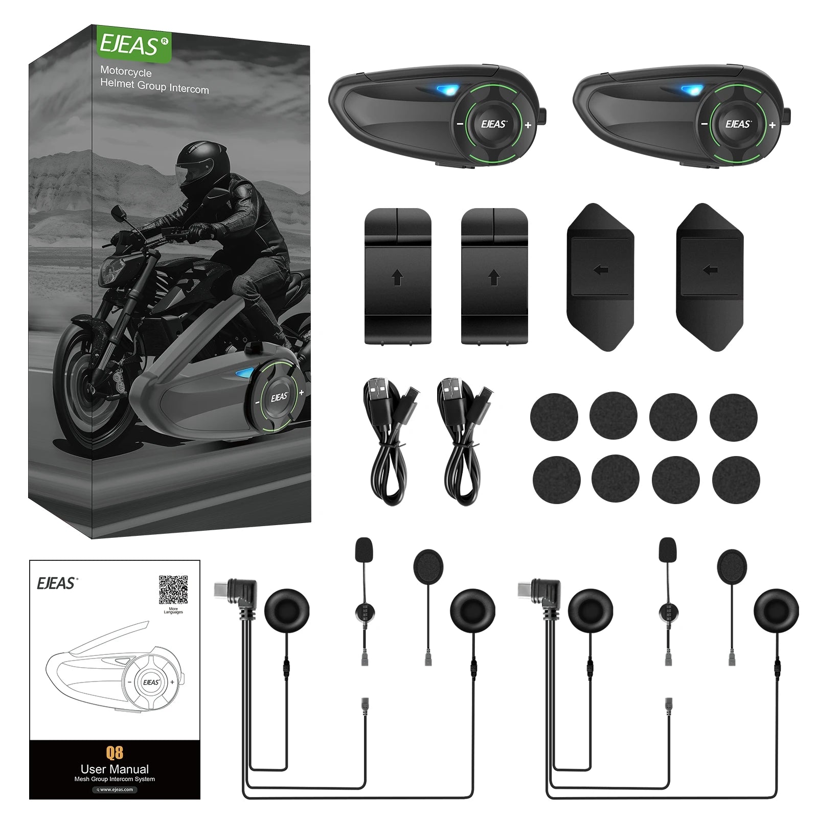 EJEAS Q8 Interphone en maille pour moto avec talkie-walkie à distance EUC Interphone Bluetooth casque pour 6 coureurs avec Bluetooth 5.1