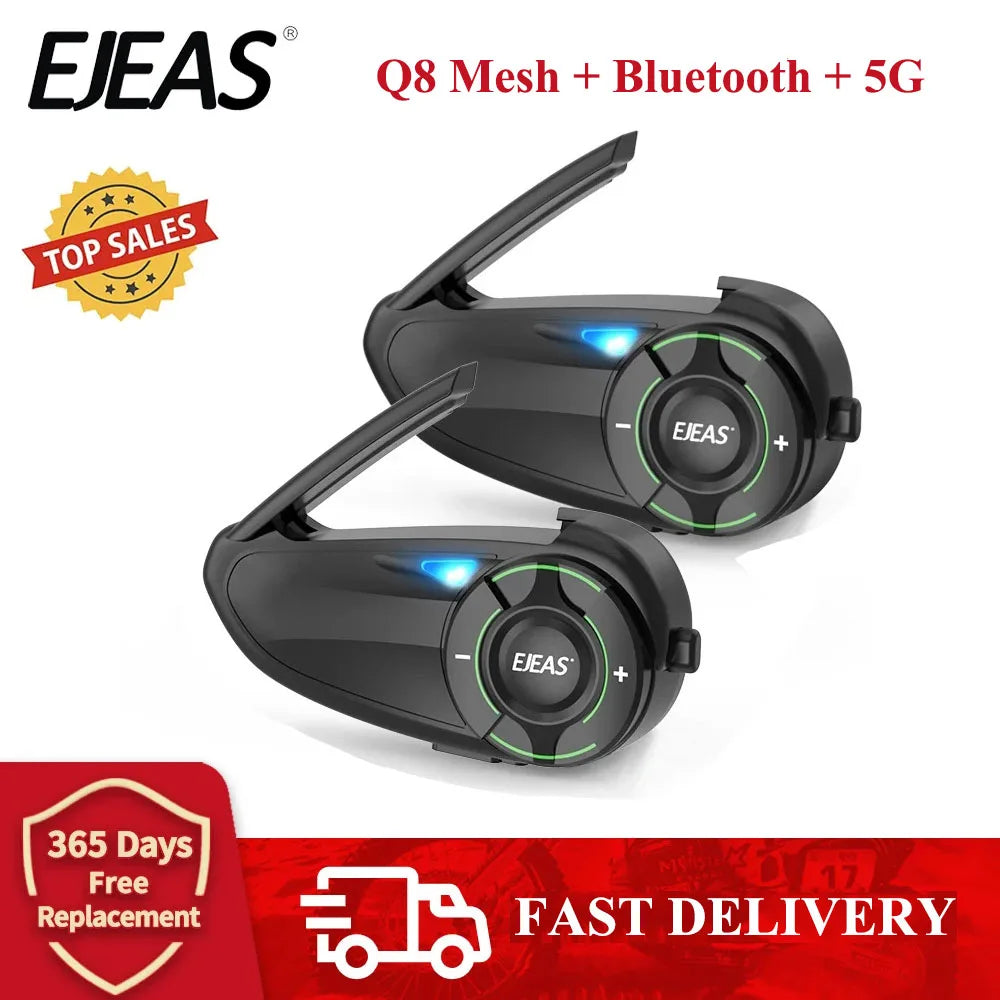 EJEAS Q8 Interphone en maille pour moto avec talkie-walkie à distance EUC Interphone Bluetooth casque pour 6 coureurs avec Bluetooth 5.1