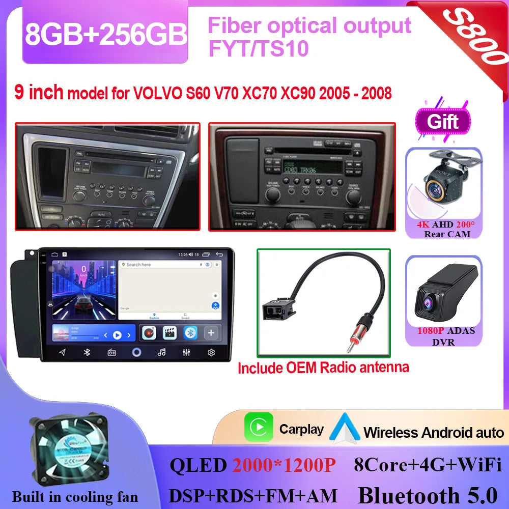 Autoradio Carplay, lecteur vidéo multimédia, WIFI + 4G DSP stéréo, pour Volvo XC70 V70 S60 2004 2005 2006 2007 2008 2009