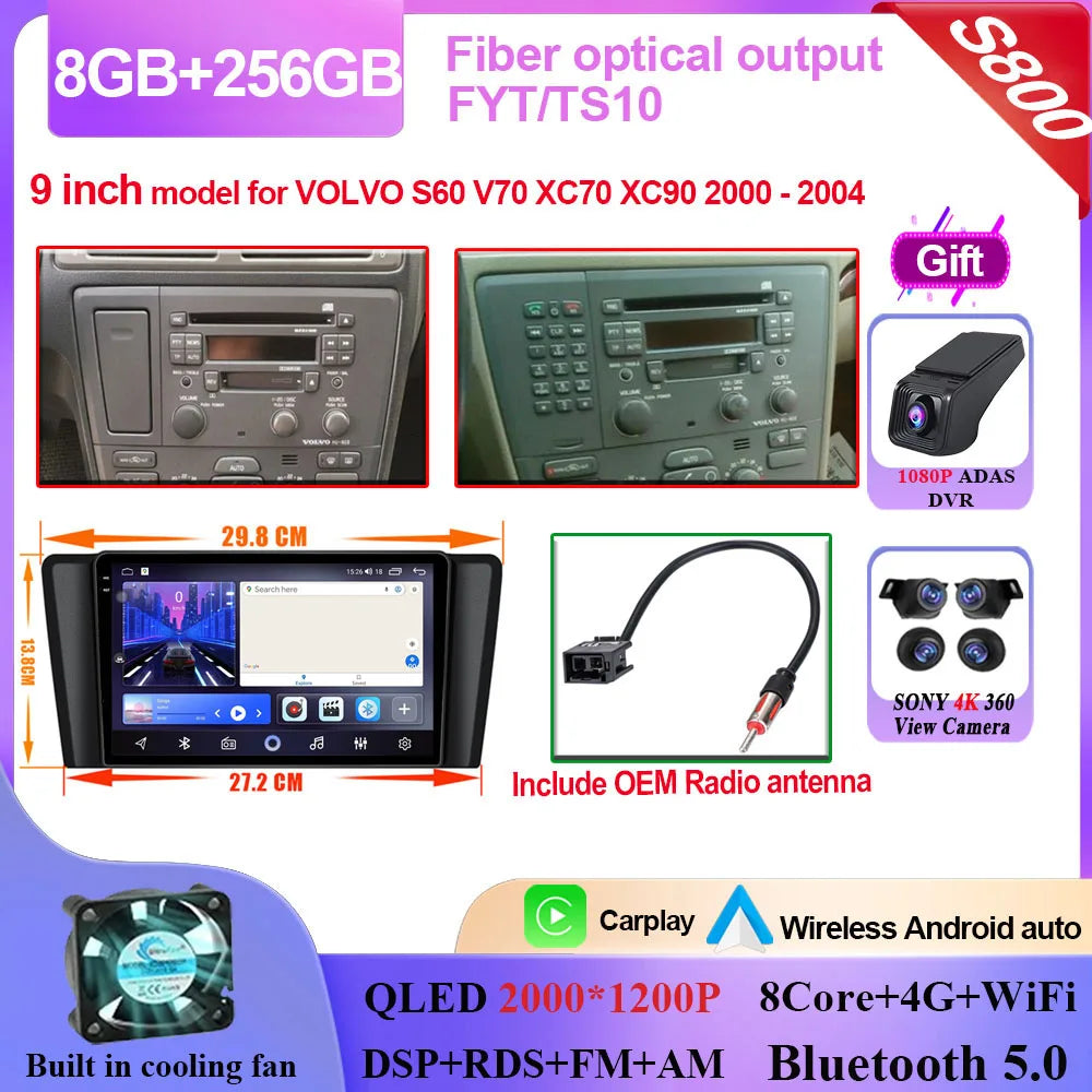 Autoradio Carplay, lecteur vidéo multimédia, WIFI + 4G DSP stéréo, pour Volvo XC70 V70 S60 2004 2005 2006 2007 2008 2009