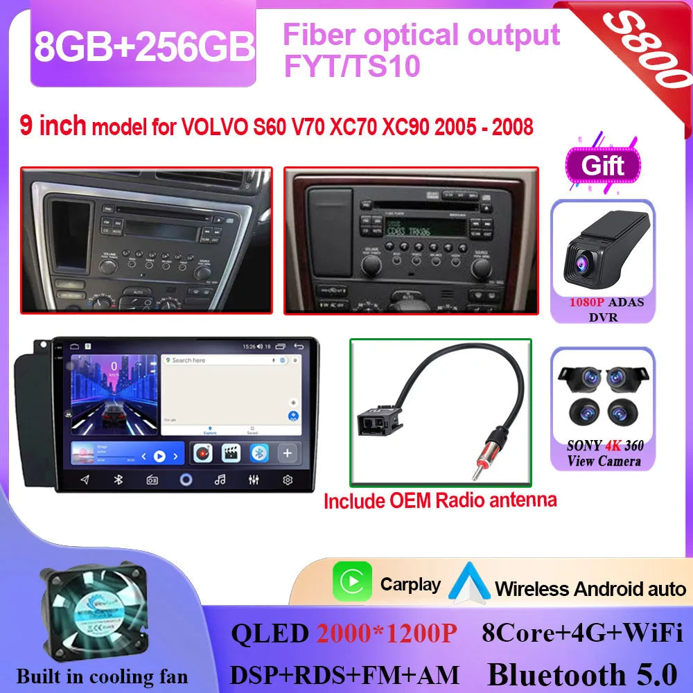 Autoradio Carplay, lecteur vidéo multimédia, WIFI + 4G DSP stéréo, pour Volvo XC70 V70 S60 2004 2005 2006 2007 2008 2009