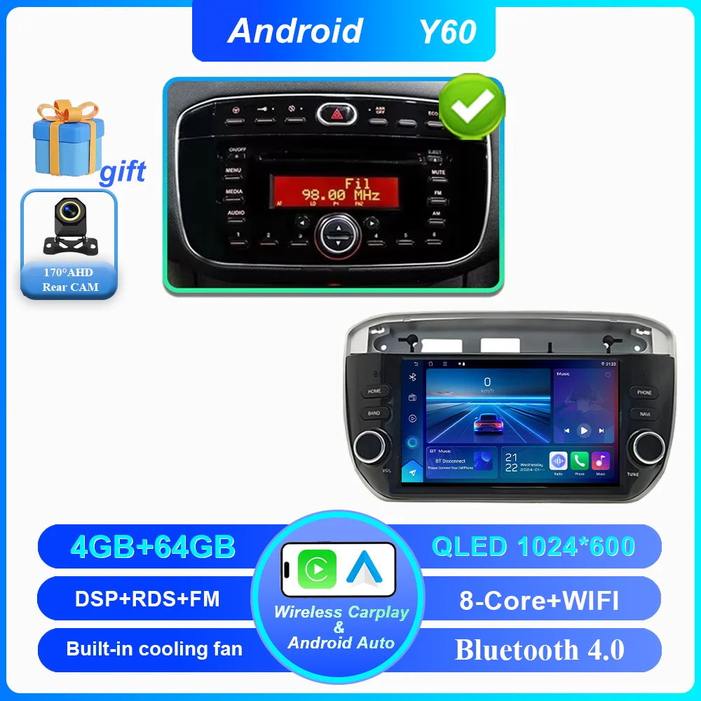 7 ''Android 15 Autoradio pour Fiat Linea Punto evo 2012-2015 GPS WIFI Carplay Auto 4G Radio stéréo lecteur multimédia Bluetooth