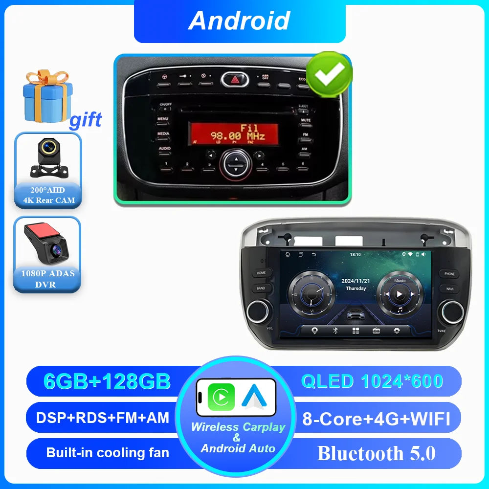 7 ''Android 15 Autoradio pour Fiat Linea Punto evo 2012-2015 GPS WIFI Carplay Auto 4G Radio stéréo lecteur multimédia Bluetooth