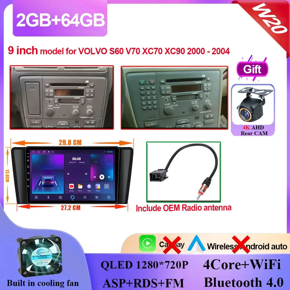 Autoradio Carplay, lecteur vidéo multimédia, WIFI + 4G DSP stéréo, pour Volvo XC70 V70 S60 2004 2005 2006 2007 2008 2009