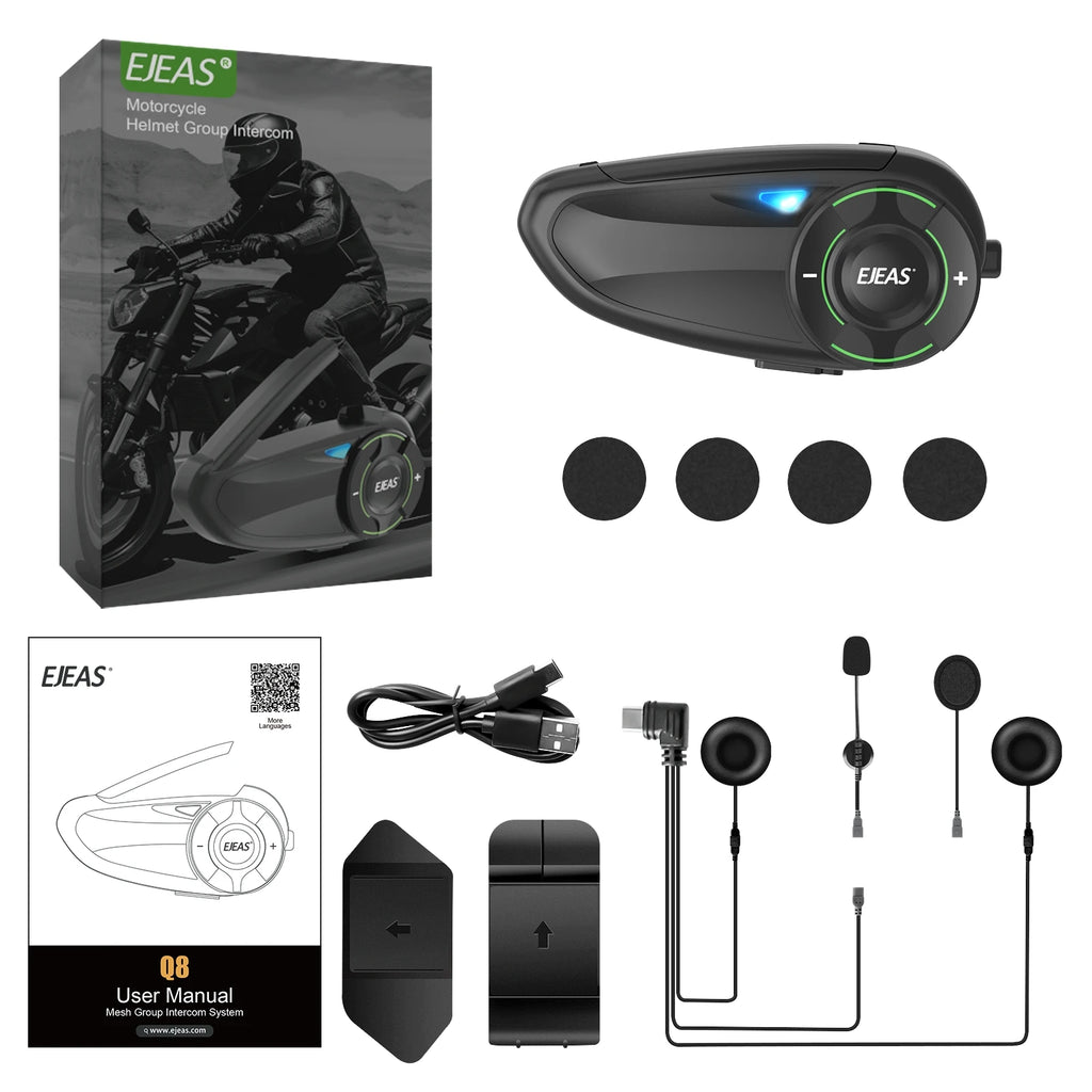 EJEAS Q8 Interphone en maille pour moto avec talkie-walkie à distance EUC Interphone Bluetooth casque pour 6 coureurs avec Bluetooth 5.1