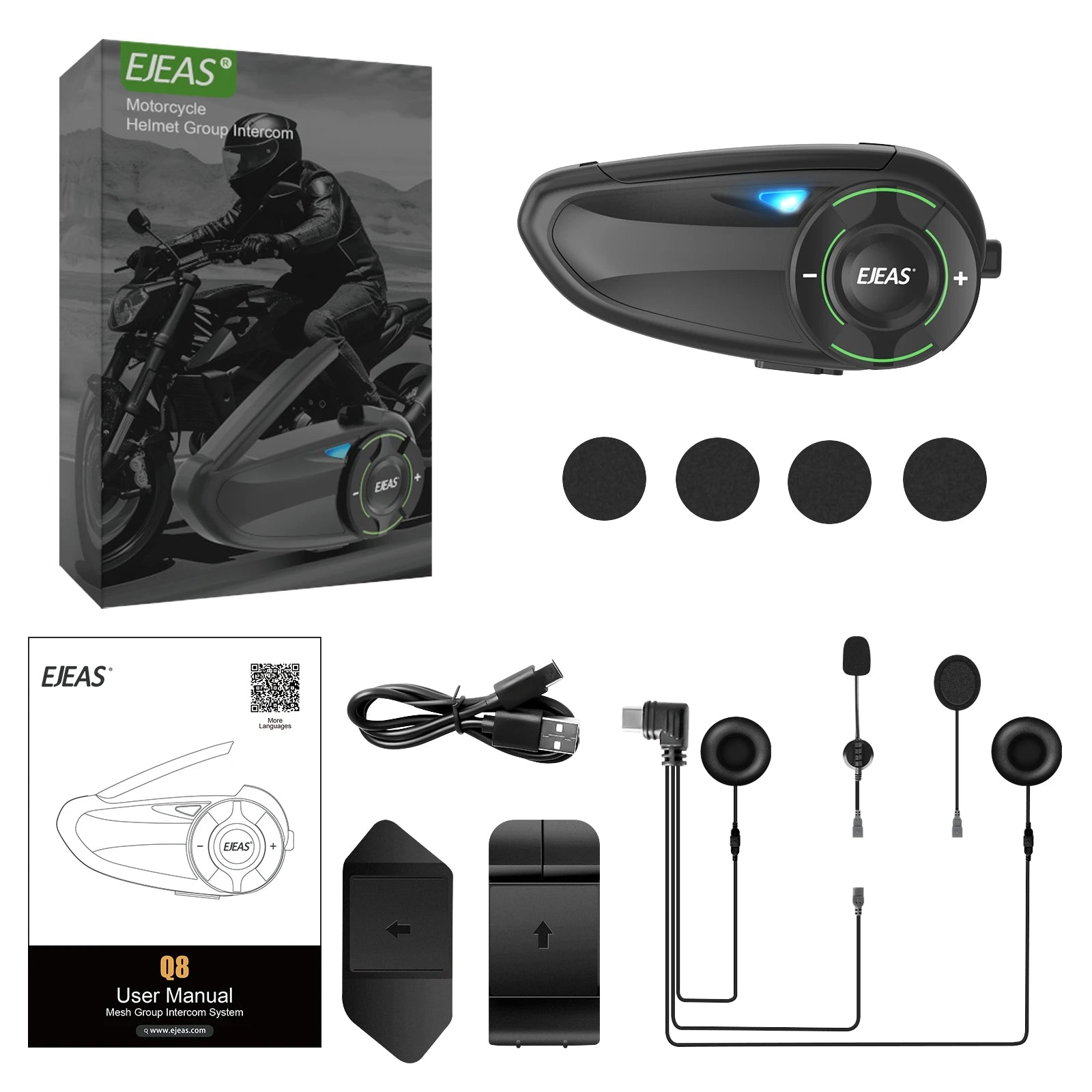 EJEAS Q8 Interphone en maille pour moto avec talkie-walkie à distance EUC Interphone Bluetooth casque pour 6 coureurs avec Bluetooth 5.1
