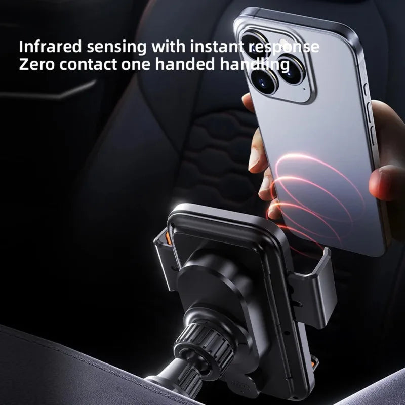 Support de téléphone pour voiture avec chargeur sans fil 15W et chargeur filaire, détection automatique, libération et rotation à une touche, certifié Qi FCC ROHS