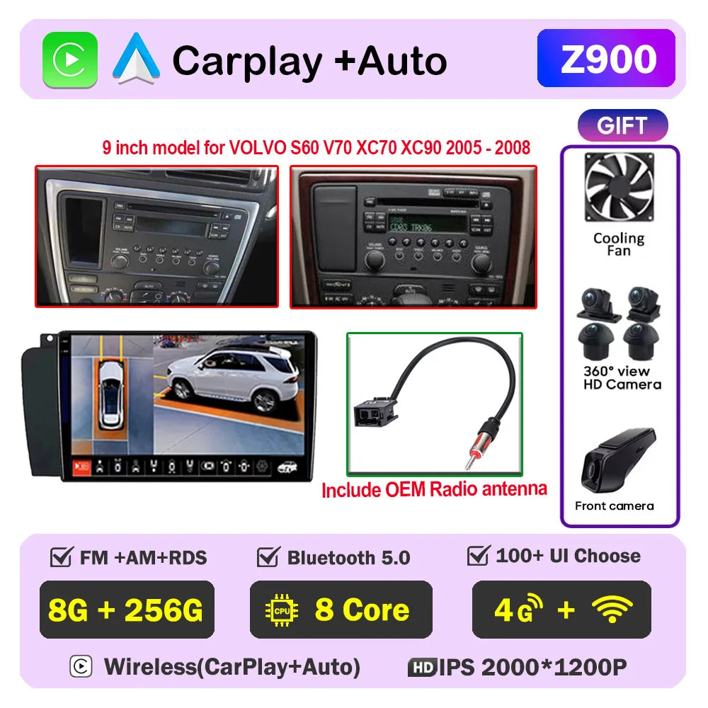 Autoradio CarPlay pour Volvo XC70 V70 S60 2000-2009, lecteur multimédia Android Auto, autoradio stéréo 8 cœurs, DSP, 5G WIFI, écran DVD