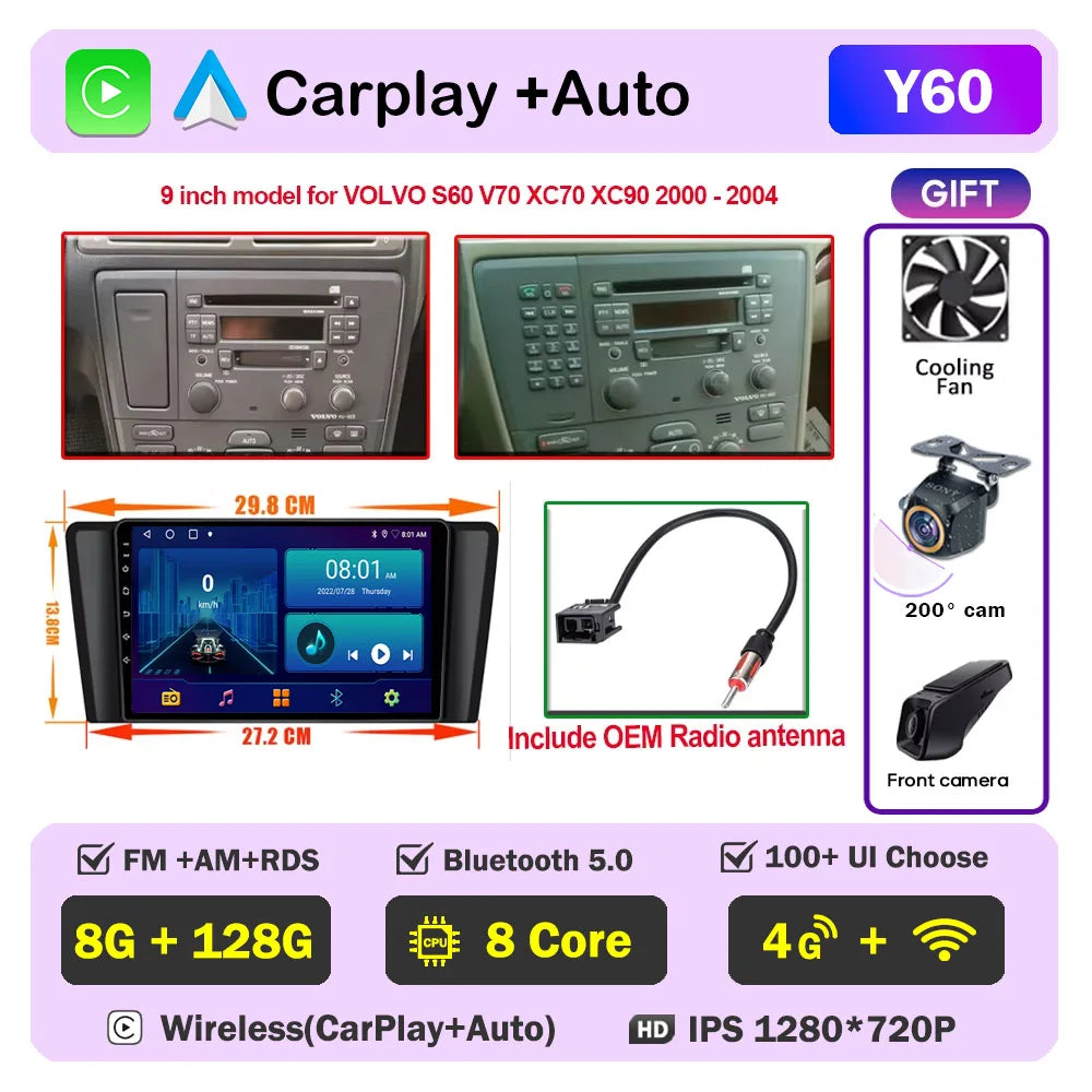 Autoradio CarPlay pour Volvo XC70 V70 S60 2000-2009, lecteur multimédia Android Auto, autoradio stéréo 8 cœurs, DSP, 5G WIFI, écran DVD